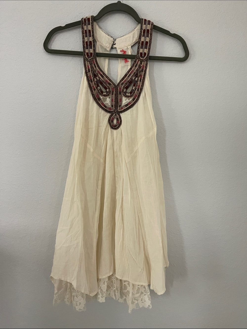 Free People Cream Embroidered Boho Sleeveless Tunic Top Lace Hem XS
